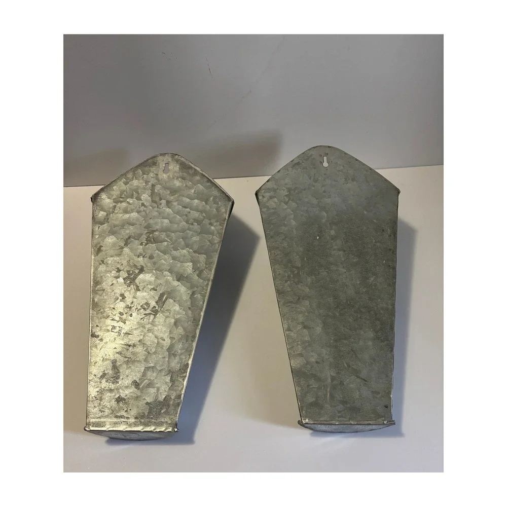Set of 2 Galvanized Metal Wall Pockets Farmhouse Tapered Hanging Planter 15 Inch